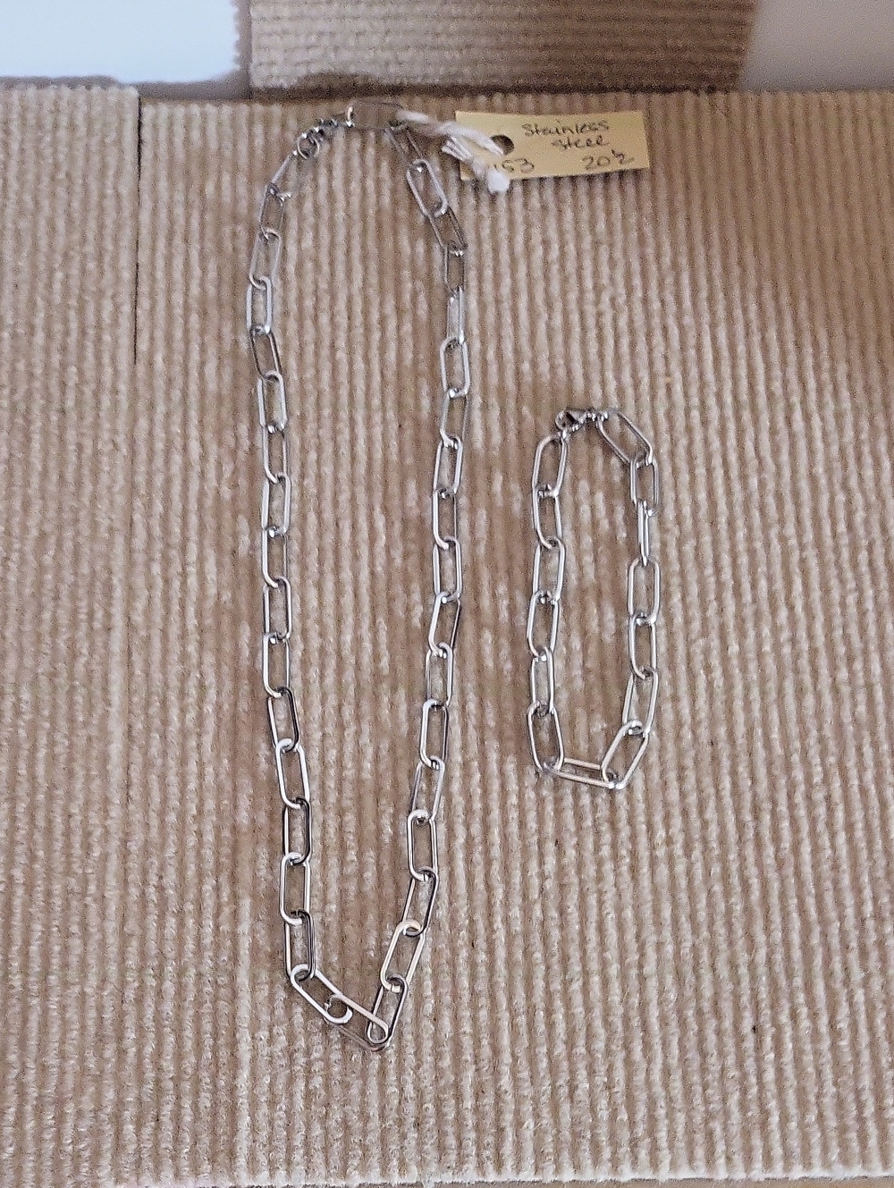 Stainless Steel Paperclip Chain Necklace and Bracelet Set - Silver